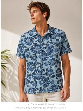 Blue Floral Resort Shirt Cotton Camp Collar Summer Button Up L